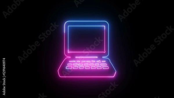 Obraz Glowing blue and pink neon line Laptop icon isolated on black background.