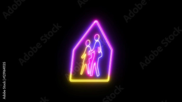 Fototapeta Neon line School zone sign board. Glowing School Crosswalk sign board. Children crossing triangle caution warning road sign.