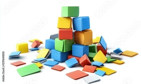 Obraz Colorful building blocks scattered and stacked, showcasing creativity and playfulness in a bright setting