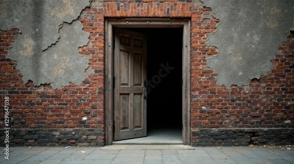 Fototapeta A weathered brick wall with an aged wooden door ajar, revealing a dark and mysterious interior, hinting at untold stories and forgotten secrets within