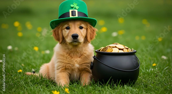 Fototapeta A golden retriever puppy wearing a green leprechaun hat, sitting next to a pot of gold, St. Patrick's Day