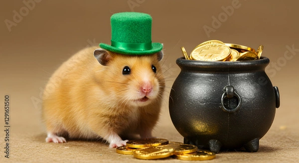 Fototapeta A hamster wearing a tiny green hat, sitting next to a pot of gold, St. Patrick's Day