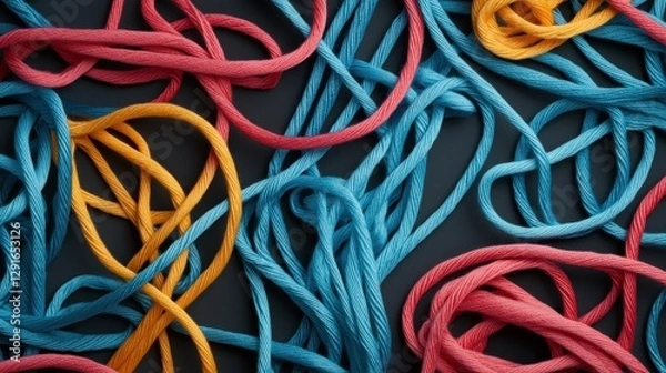 Fototapeta Colorful Tangled Yarn and String Creating an Artistic Mess with Blue, Pink, and Yellow Textures on a Dark Background
