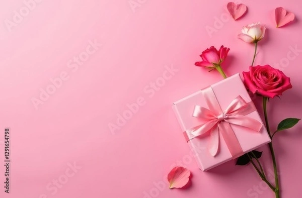 Fototapeta Gift box and flowers top view empty copy space background. Mother's day backdrop. Valentine's card. Pink romantic greeting blank.Women's day.Birthday