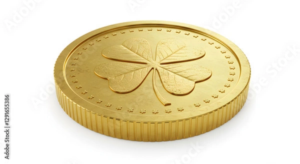 Fototapeta A 3D render of a golden coin with a shamrock imprint, St. Patrick's Day