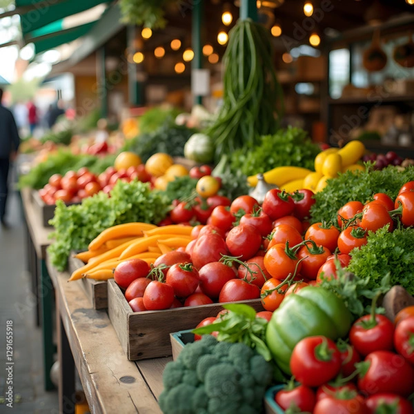 Fototapeta Colorful Spread of Freshly Picked Fruits and Vegetables on a Wooden Market Table, Showcasing Nature's Bounty in a Bright, Inviting Setting