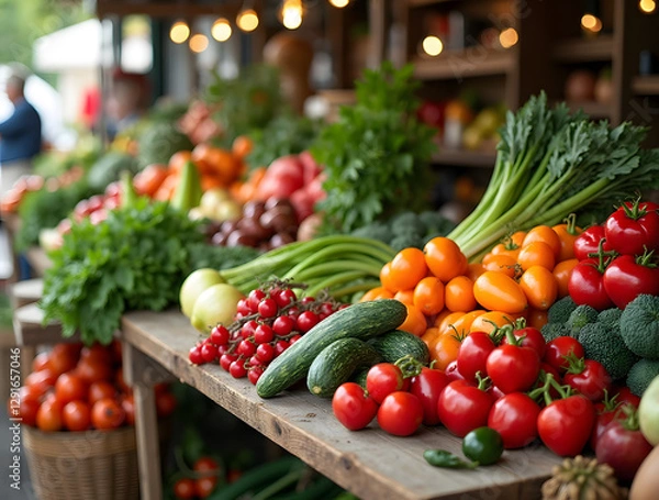Fototapeta Colorful Spread of Freshly Picked Fruits and Vegetables on a Wooden Market Table, Showcasing Nature's Bounty in a Bright, Inviting Setting