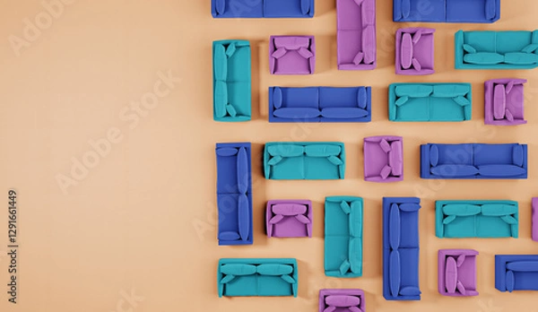 Fototapeta Colorful modern sofas arranged in a geometric pattern, top-down view, 3D rendered illustration