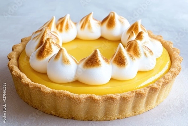 Fototapeta Lemon tart features smooth, vibrant filling topped with toasted