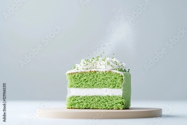 Fototapeta Delightful green cake slice on wooden plate, topped with fluffy