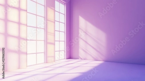 Obraz Bright room with purple walls and sunlight streaming through large windows, creating soft shadows on the floor in a tranquil atmosphere