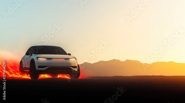 Obraz Sleek car racing across vibrant landscape, kicking up dust again