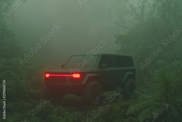Fototapeta Mysterious vehicle navigating through dense fog and lush greener