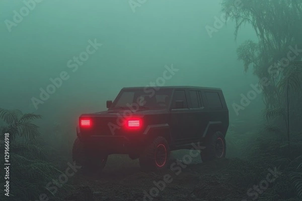 Fototapeta Mysterious SUV glows in foggy forest, enhancing adventurous atmo