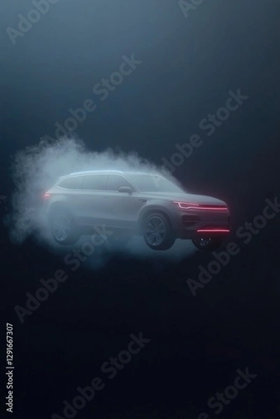 Fototapeta Floating car surrounded by mist, showcasing modern design and sl
