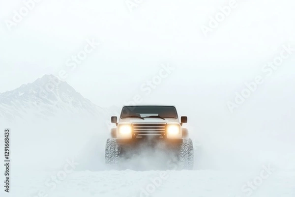 Fototapeta Powerful vehicle navigating through snowy terrain, surrounded by