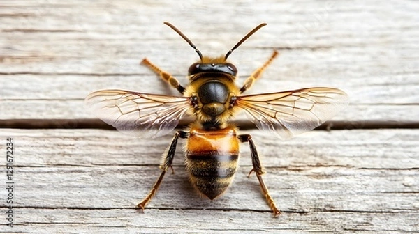 Fototapeta Close-Up of a Bee on Weathered Wooden Surface Displaying Intricate Details and Textures