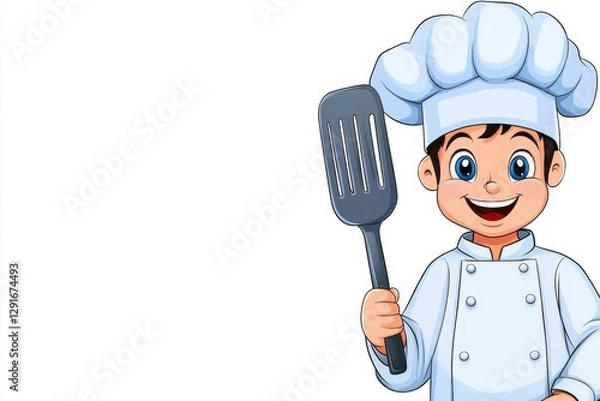 Fototapeta a 2D cartoon illustration of a chef holding a spatula, ready to cook, white background