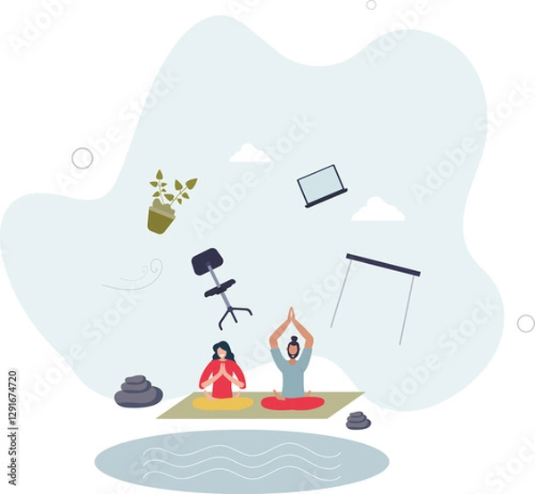 Obraz Mental health and workplace wellbeing with green office.Employee harmony with comfortable environment and interior with much daylight for work productivity.flat character life .