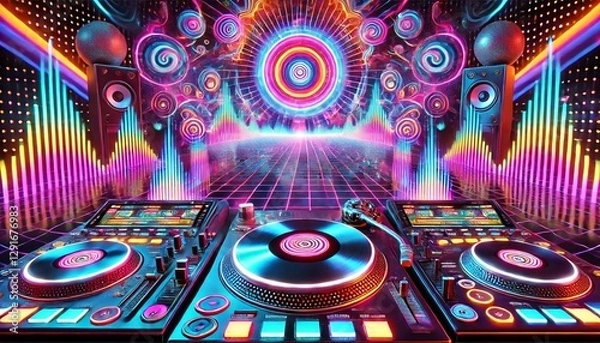 Fototapeta Colourful digital sound graph background, A high-quality 90s magazine-style futuristic DJ setup with a psychedelic aesthetic. Neon turntables glow vibrantly, emitting colorful sound waves.