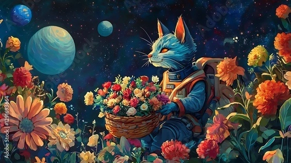 Fototapeta Cosmic Cat Astronaut with Flowers: A Vibrant Digital Painting AI Generated