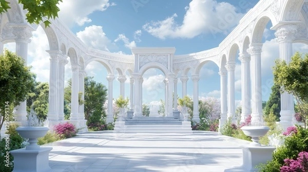 Fototapeta Peaceful garden with white columns and flowers under a bright blue sky in a serene setting