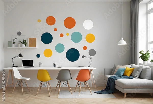 Fototapeta Office with colorful circle wall art, flat design, white background, concept of creativity