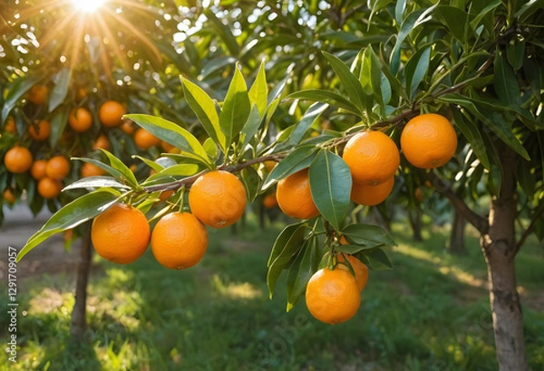 Fototapeta Ripe oranges on a branch, realistic style, blue sky background. Concept of nature and agriculture