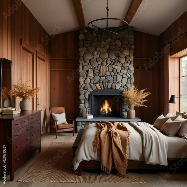 Fototapeta A warm and inviting bedroom interior featuring a wood-paneled wall, a stone fireplace with a crackling fire, and a comfortable bed draped in a warm, earthy-toned blanket.