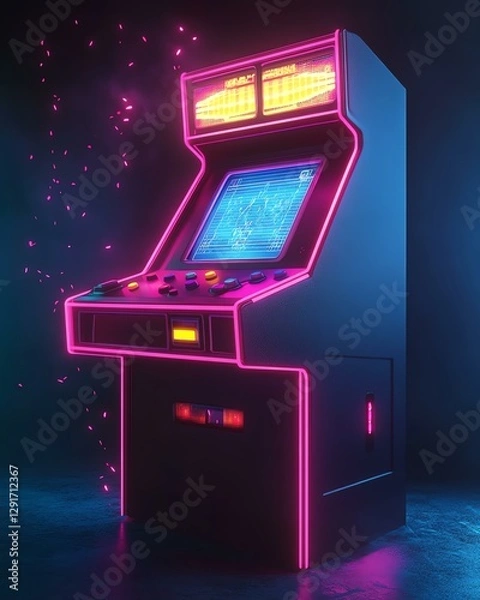 Fototapeta Retro neon arcade game console in dark room.