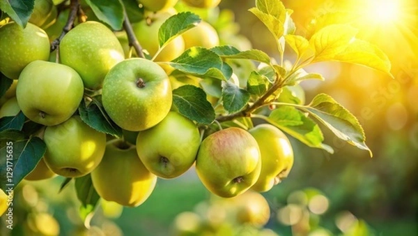 Fototapeta Golden Sunlight Illuminates a Bountiful Harvest of Ripe, Green Apples Hanging Heavy on a Lush Branch