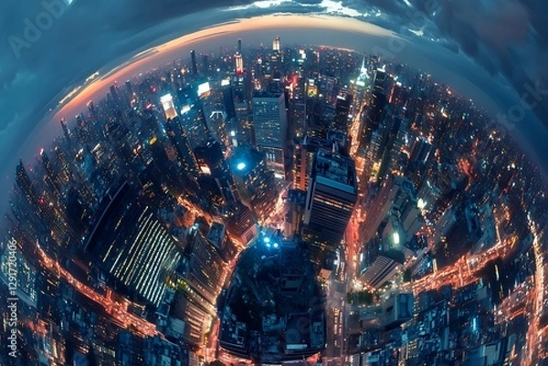 Fototapeta arafed view of a city at night with a circular lens