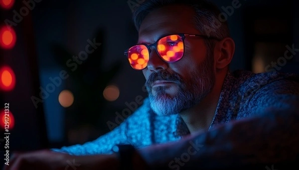 Fototapeta arafed man with glasses and a beard in front of a laptop
