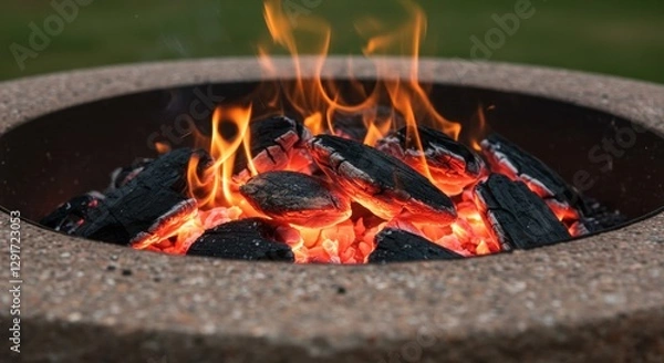 Fototapeta Fire burns brightly in a stone fire pit during a cozy evening gathering. Generative AI