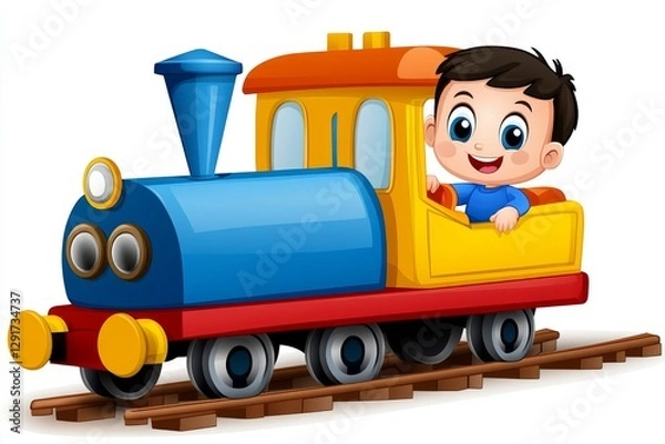 Fototapeta a 2D cartoon illustration of a child playing with a toy train on tracks, fun and adventurous, white background