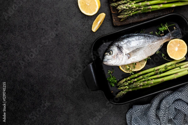 Fototapeta the concept of a delicious dinner. raw dorado fish with asparagus and lemon on dark background.