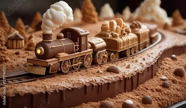 Fototapeta Chocolate Train on Edible Railway – Whimsical Dessert Fantasy Concept