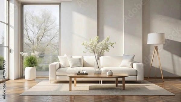 Fototapeta Serene Living Room with Modern Sofa, Wooden Coffee Table, and Natural Light