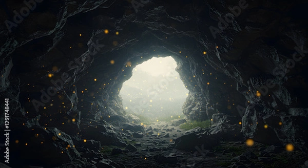 Fototapeta Enchanting Cave Pathway Mysterious Rocks and Glimmering Lights Leading Into the Depths