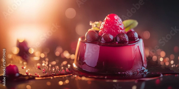 Fototapeta Luscious berry dessert with glazed pudding and fresh raspberry garnish