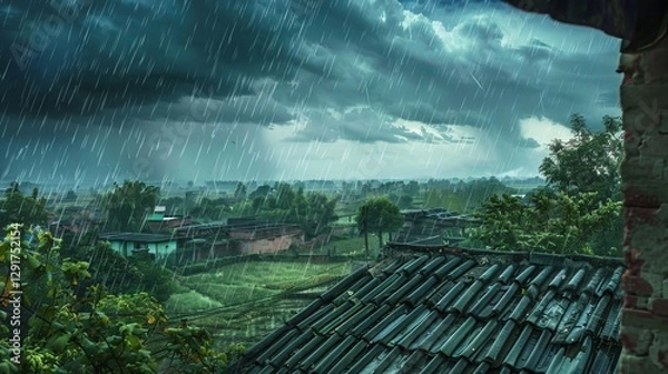 Obraz cloudy sky, rainy day view city from window