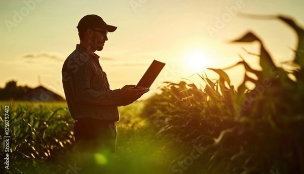 Fototapeta Modern Digital Technologies In Agriculture: Farmer Working In Corn Field With Laptop, Agronomist Uses Technology On Business Farm. Silhouette Of Worker On Farm.