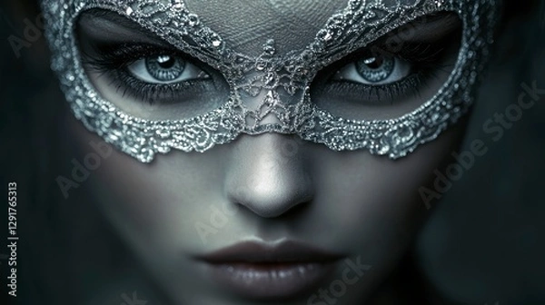 Fototapeta A close-up of the mysterious woman's face, wearing an elegant lace mask with sparkling diamonds on her eyes and lips.