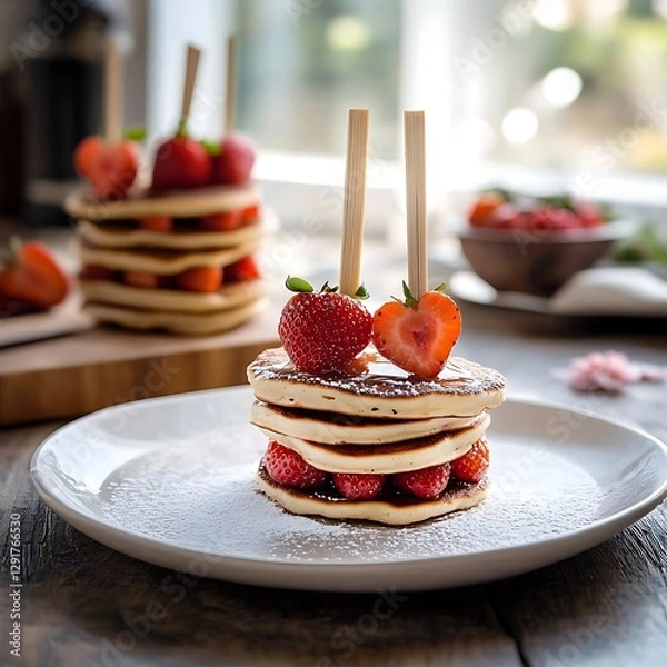 Fototapeta araffe pancakes with strawberries and powdered sugar on a plate