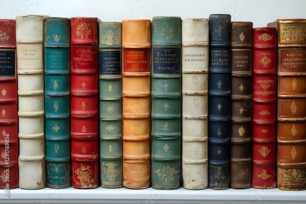 Fototapeta Row of vintage leather-bound books with gold embossed spines in various colors including red, green, blue and cream arranged on white wooden shelf.