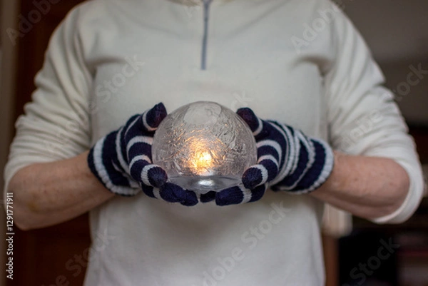 Fototapeta Gloved Hands Holding an Ice Lantern with candle in front of a window.
