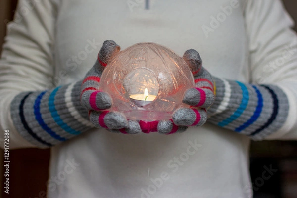 Fototapeta Gloved Hands Holding an Ice Lantern with candle in front of a window.
