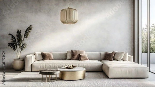 Fototapeta Beautiful Modern Living room Interior with furniture's ,mockup frame , posters, wall -3d Rendering