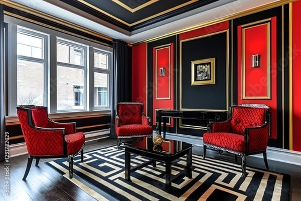 Fototapeta Captivating Art Deco Inspired Living Room with Striking Geometric Patterns and Gleaming Gold Accents