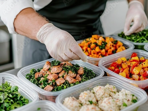 Fototapeta Meal prep action healthy food arrangement kitchen cooking process professional environment close-up view